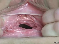 After a handjob and a blowjob in the first person, the brunette goes into shower
