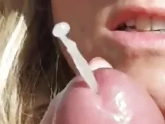 Skinny fair-haired bitch undresses and sucks a virtual cock